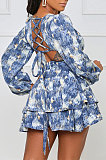 Purple Blue Women Autumn Winter V Collar Hollow Out Tied Tight Printing Flounce Mini Dress AYM5039-5