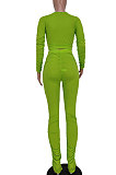 Neon Green Women Cotton Blend Fashion Casual Pure Color Long Sleeve V Collar Ruffle Pants Sets AGY68512-3