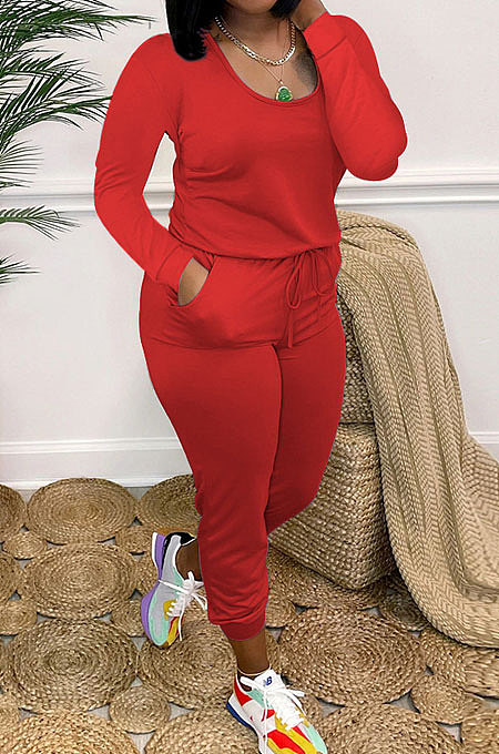 Red Casual Solid Color Long Sleeve Round Neck Zip Back Collect Waist Slim Fitting Jumpsuits XXR3002-2