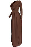 Coffee Euramerican Women Sexy Fashion Solid Color Deep V Collar Skinny Split Mid Waist Long Dress AGY68516
