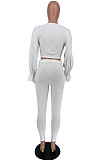 White Wholesale Horn Sleeve Round Neck Crop Tops Skinny Pants Plain Color Sets XXR3003-2