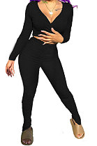 Black Women Cotton Blend Fashion Casual Pure Color Long Sleeve V Collar Ruffle Pants Sets AGY68512-2