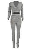 Gray Women Cotton Blend Fashion Casual Pure Color Long Sleeve V Collar Ruffle Pants Sets AGY68512-1