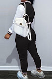 Black Casual Webbing Spliced Ribber Letter  Printing Long Sleeve Cardigan Jacket Coat Trousers Baseball Uniform Sets SM9213-1