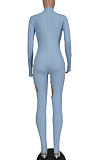 Light Blue Women Fashion Sexy Hole Pure Color Ribber Anchored Pants Bodycon Jumpsuits AGY68522-1