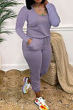 Purple Casual Solid Color Long Sleeve Round Neck Zip Back Collect Waist Slim Fitting Jumpsuits XXR3002-1