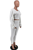 White Wholesale Horn Sleeve Round Neck Crop Tops Skinny Pants Plain Color Sets XXR3003-2