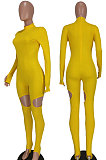 Yellow Women Fashion Sexy Hole Pure Color Ribber Anchored Pants Bodycon Jumpsuits AGY68522-2