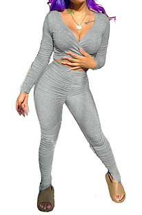 Gray Women Cotton Blend Fashion Casual Pure Color Long Sleeve V Collar Ruffle Pants Sets AGY68512-1
