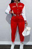 Red Casual Webbing Spliced Ribber Letter  Printing Long Sleeve Cardigan Jacket Coat Trousers Baseball Uniform Sets SM9213-3