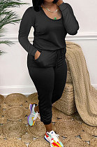 Black Casual Solid Color Long Sleeve Round Neck Zip Back Collect Waist Slim Fitting Jumpsuits XXR3002-4