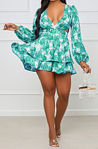 Cyan Green Women Autumn Winter V Collar Hollow Out Tied Tight Printing Flounce Mini Dress AYM5039-4