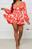 Red Women Autumn Winter V Collar Hollow Out Tied Tight Printing Flounce Mini Dress AYM5039-3