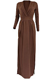 Coffee Euramerican Women Sexy Fashion Solid Color Deep V Collar Skinny Split Mid Waist Long Dress AGY68516