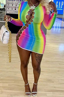 Rainbow Women Trendy Sexy Bandage Printing Mid Waist Round Collar Mini Dress AGY68514