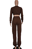 Coffee Women Fashion Casual Pure Color Dew Waist Pants Sets AGY68525-3