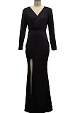 Black Elegant Sexy Long Sleeve V Neck Collect Waist Plain Color For Party Maix Dress SMR10735-2
