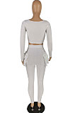 White Pure And Fresh Women Long Sleeve Square Neck Ruffle Crop Top Trousers Solid Color YYZ943-1