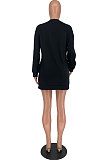 Black Cotton Blend Long Sleeve Round Collar With Pocket Casual Hoody Tops XXR3009-2