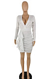 White Sexy Cotton Blend Long Sleeve Deep V Neck Ruffle Plain Color Wrap Dress YYZ866-1