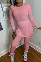 Pink Sexy Ribber Long Sleeve Round Neck Slit Tops Skinny Pants Slim Fitting Solid Color Sets XXR3008-2
