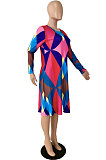 Multicolor Casual Geometric Graphic Printing Long Sleeve Round Neck Loose Dress YNS1679