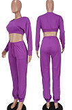 Purple Women Fashion Casual Pure Color Dew Waist Pants Sets AGY68525-1