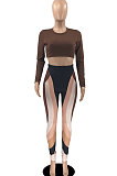 Dark Brown Women Pure Color Long Sleeve Top Printing Pants Sets AYB6119-1