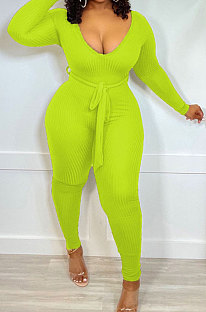 Neon Green New Ribber Long Sleeve V Neck Beltband Slim Fitting Solid Color Jumpsuits ZDD31171-4