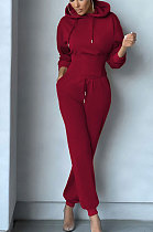 Wine Red Wholesale New Long Sleeve Hoodie Mid Waist Trousers Slim Fitting Plain Color Sets WY6855-3