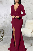 Wine Red Elegant Sexy Long Sleeve V Neck Collect Waist Plain Color For Party Maix Dress SMR10735-1