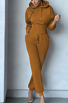 Brown Wholesale New Long Sleeve Hoodie Mid Waist Trousers Slim Fitting Plain Color Sets WY6855-5