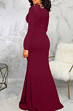 Wine Red Elegant Sexy Long Sleeve V Neck Collect Waist Plain Color For Party Maix Dress SMR10735-1