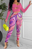 Purple Women Solid Color Top Drawsting Sexy Mesh Spaghetti Printing Pants Sets AGY68523-2