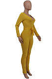 Neon Green New Ribber Long Sleeve V Neck Beltband Slim Fitting Solid Color Jumpsuits ZDD31171-4