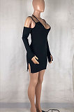 White Night Club Sexy Ribber Off Shoulder Condole Belt Solid Color Hip Dress YLY196-3