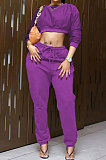 Coffee Women Fashion Casual Pure Color Dew Waist Pants Sets AGY68525-3