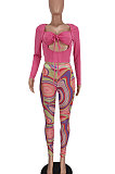 Rose Red Women Solid Color Top Drawsting Sexy Mesh Spaghetti Printing Pants Sets AGY68523-3