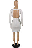 White Sexy Cotton Blend Long Sleeve Deep V Neck Ruffle Plain Color Wrap Dress YYZ866-1