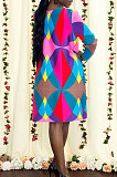 Multicolor Casual Geometric Graphic Printing Long Sleeve Round Neck Loose Dress YNS1679