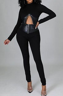 Black Fashion Flocking Leather Spliced Long Sleeve High Neck Zipper Tops Pencil Pants Bodycon Sets YYZ655-2