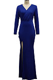 Blue Elegant Sexy Long Sleeve V Neck Collect Waist Plain Color For Party Maix Dress SMR10735-3