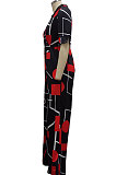 Black Fashion Digital Printing Half Sleeve V Neck Collect Waist Wide Leg Jumpsuits SMR10686-1