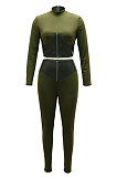 Army Green Fashion Half Turtle Neck Long Sleeve Zipper Spliced Tight Pants Sets CCY9280-1