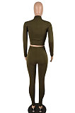 Dark Green Fashion Flocking Leather Spliced Long Sleeve High Neck Zipper Tops Pencil Pants Bodycon Sets YYZ655-1