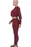 Wine Red Women Fashion Casual Dew Waist Pure Color Bodycon Pants Sets ED1072-3