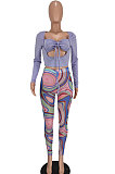 Purple Women Solid Color Top Drawsting Sexy Mesh Spaghetti Printing Pants Sets AGY68523-2