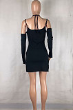 Black Night Club Sexy Ribber Off Shoulder Condole Belt Solid Color Hip Dress YLY196-4