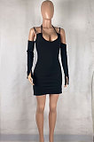 Black Night Club Sexy Ribber Off Shoulder Condole Belt Solid Color Hip Dress YLY196-4