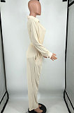 Cream White Ribber New High Quality Long Sleeve Lapel Neck Shirts Wide Leg Pants Plain Color Sets YM221-4